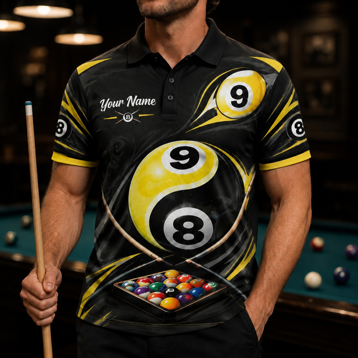 9 Ball 8 Ball Fusion Sport Personalized Billiard Polo Shirt Front View