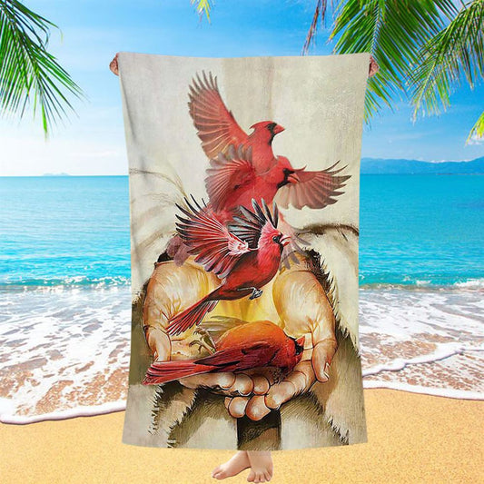 A Cardinal On His Hand Jesus Beach Towel - Christian Beach Towel - Bible Verse Beach Towel