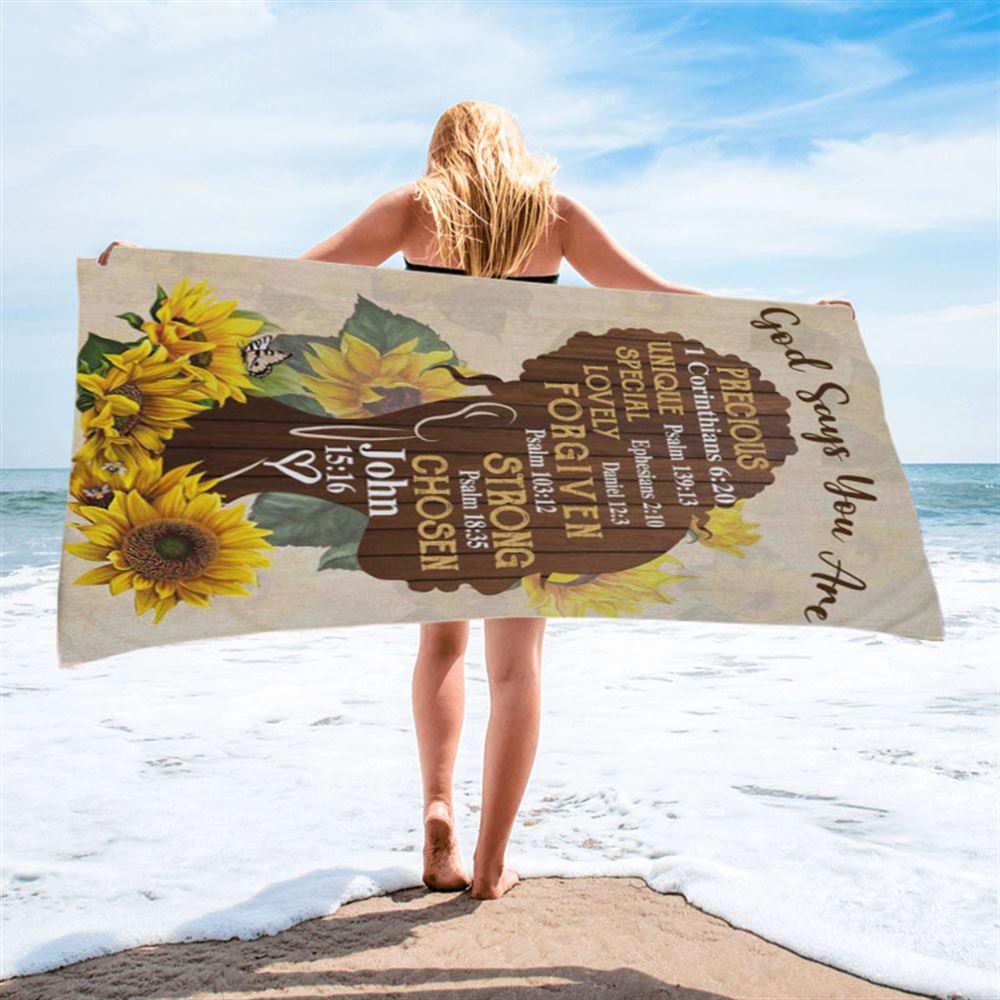 African American God Says You Are Sunflower Beach Towel - Bible Verse Beach Towel - Scripture Beach Towel