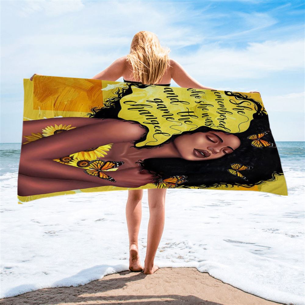 African American Woman Black Beach Towel - She Remembered Who She Was And The Game Changed Beach Towel -Encouragement Gifts For Women