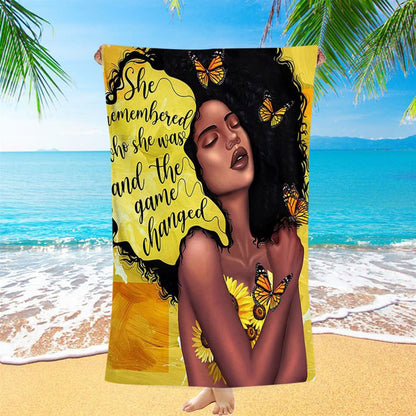 African American Woman Black Beach Towel - She Remembered Who She Was And The Game Changed Beach Towel -Encouragement Gifts For Women