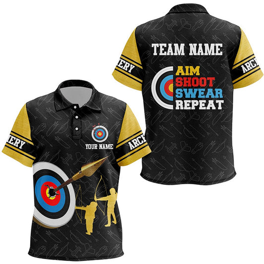 Aim Shoot Swear Repeat Archery Target Custom Name Polo Shirts Custom Archery Team Shirts, Archery Team Shirts, Custom Archery Shirts