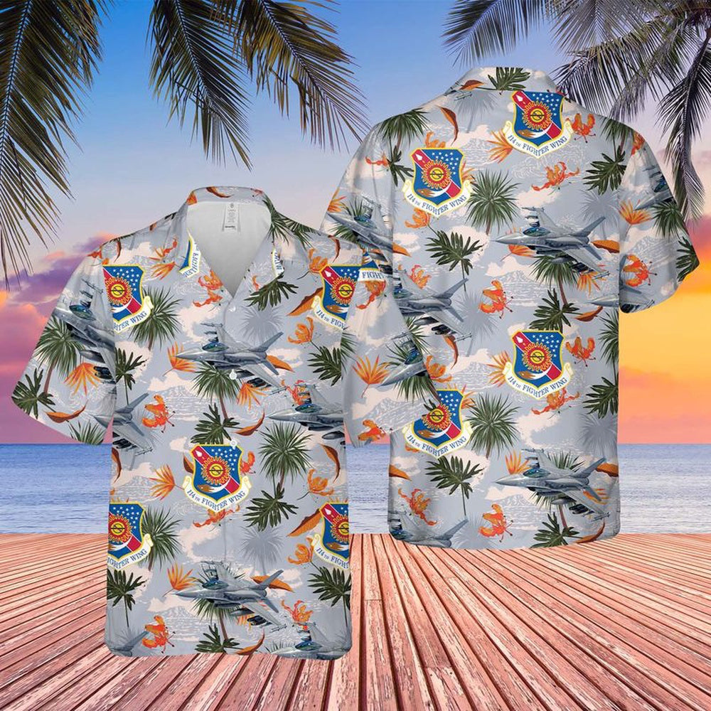 Air Force Hawaiian Shirt, Air National Guard 114th Fighter Wing, General Dynamics F-16 Fighting Falcon Hawaiian Shirt, Airplane Hawaiian Shirt