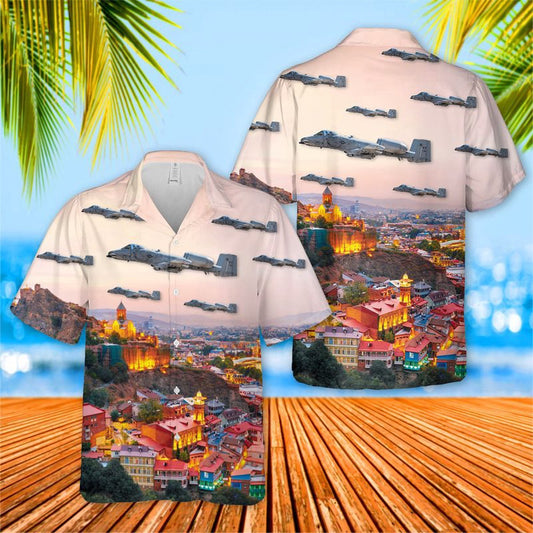 Air Force Hawaiian Shirt, USAF 75th Fighter Squadron Tiger Sharks Fairchild Republic A-10C Thunderbolt II Hawaiian Shirt, Airplane Hawaiian Shirt