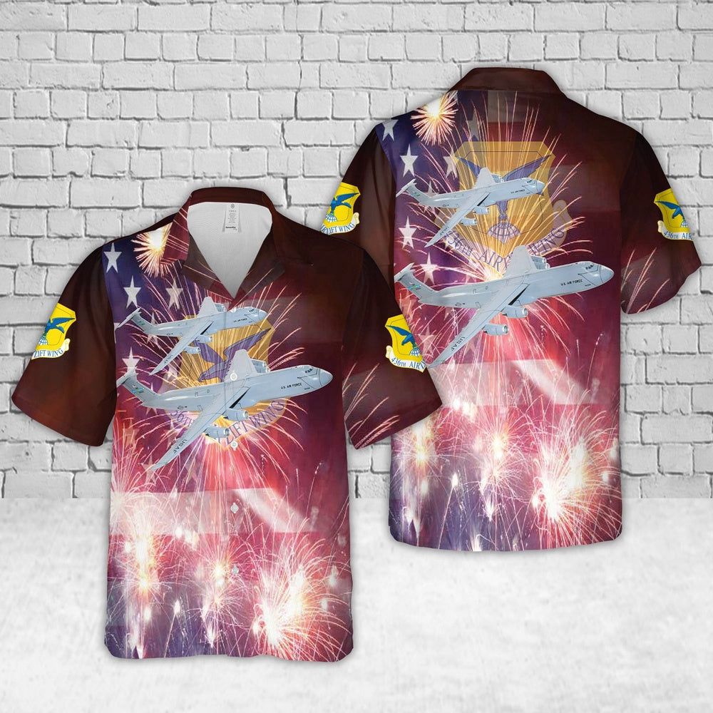 Air Force Hawaiian Shirt, US Air Force 436th Airlift Wing C-5M Super Galaxy, 4th Of July Hawaiian Shirt, Airplane Hawaiian Shirt