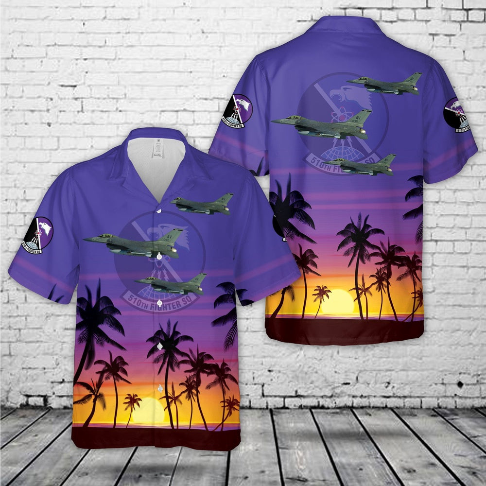 Air Force Hawaiian Shirt, US Air Force 510th Fighter Squadron F-16C Hawaiian Shirt, Airplane Hawaiian Shirt, Military Aloha Shirts