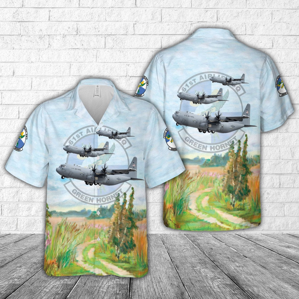 Air Force Hawaiian Shirt, US Air Force 61st Airlift Squadron Lockheed C-130J Hercules Hawaiian Shirt, Airplane Hawaiian Shirt, Military Aloha Shirts