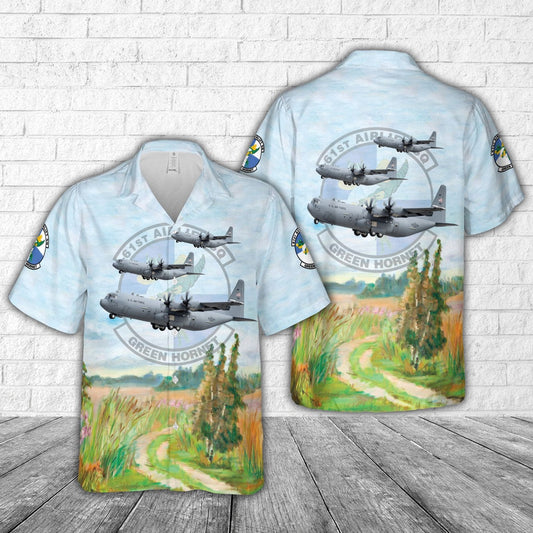 Air Force Hawaiian Shirt, US Air Force 61st Airlift Squadron Lockheed C-130J Hercules Hawaiian Shirt, Airplane Hawaiian Shirt, Military Aloha Shirts