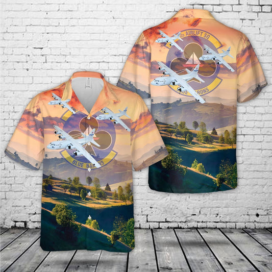 Air Force Hawaiian Shirt, US Air Force 62d Airlift Squadron Blue Barons Lockheed Martin C-130E Hawaiian Shirt, Airplane Hawaiian Shirt