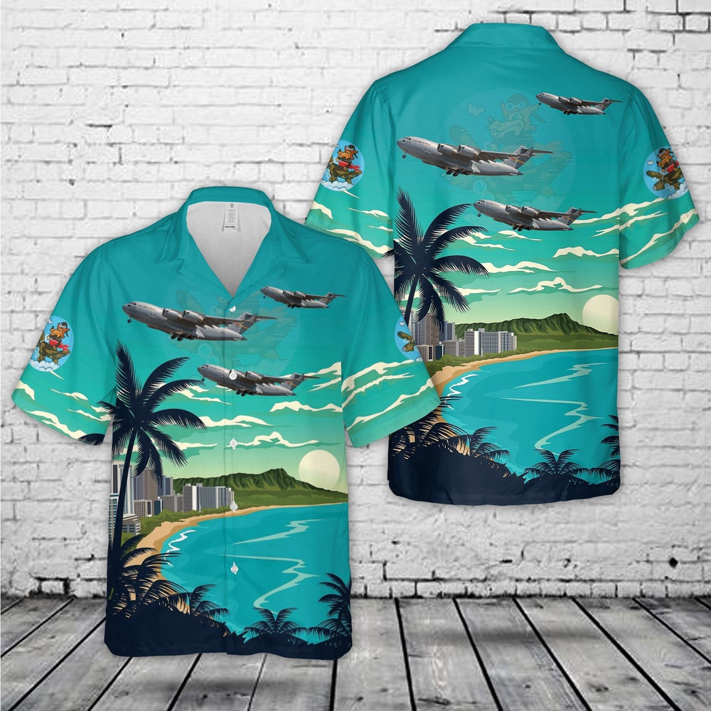 Air Force Hawaiian Shirt, US Air Force 729th Airlift Squadron Boeing C-17 Globemaster III Hawaiian Shirt, Airplane Hawaiian Shirt