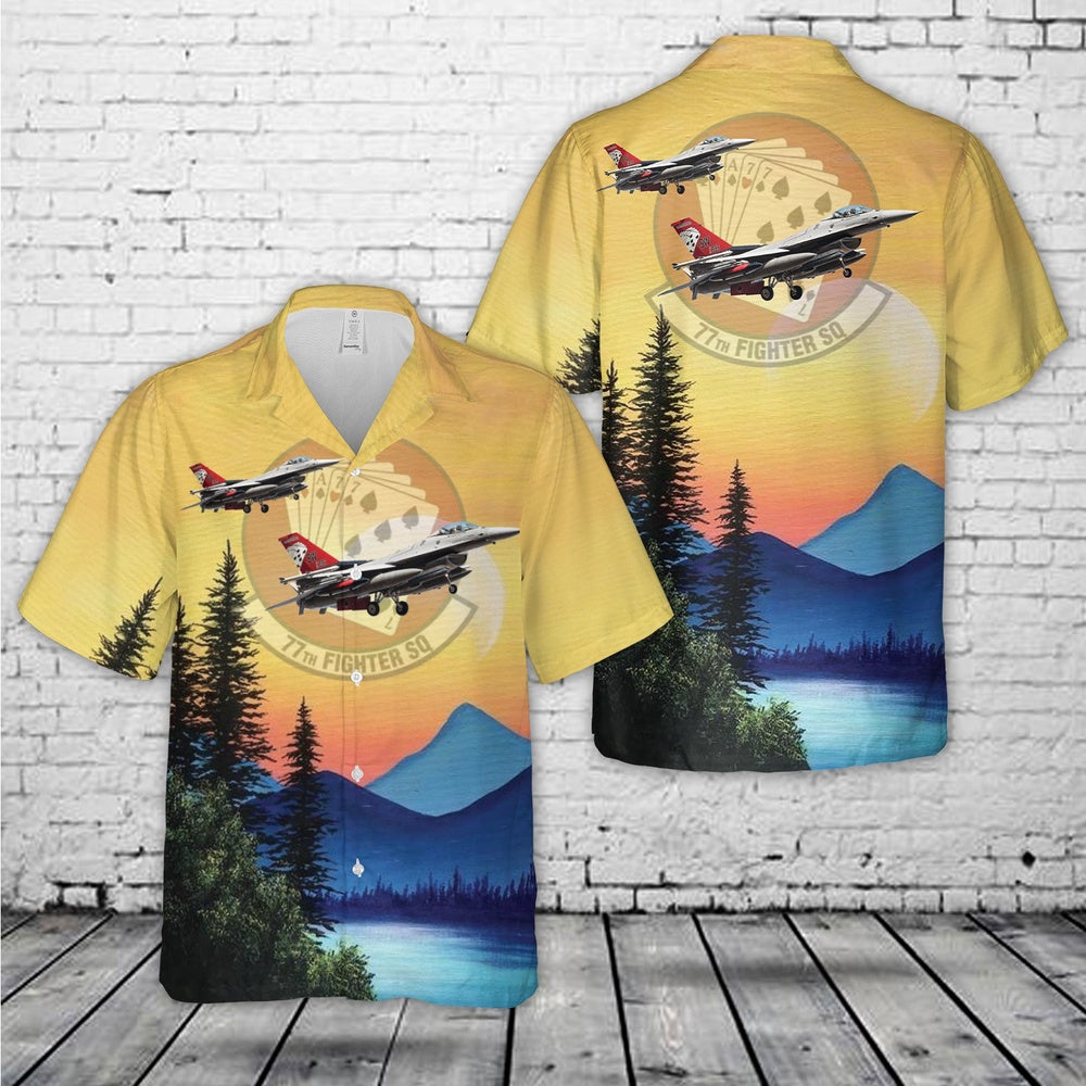 Air Force Hawaiian Shirt, US Air Force 77 Fighter Squadron F-16CM Hawaiian Shirt, Airplane Hawaiian Shirt, Military Aloha Shirts