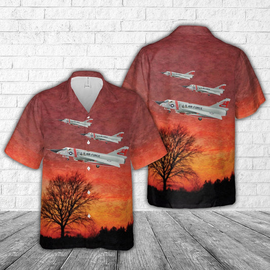 Air Force Hawaiian Shirt, US Air Force 87th FIS Red Bulls Convair F-106A Delta Dart Hawaiian Shirt, Airplane Hawaiian Shirt, Military Aloha Shirts