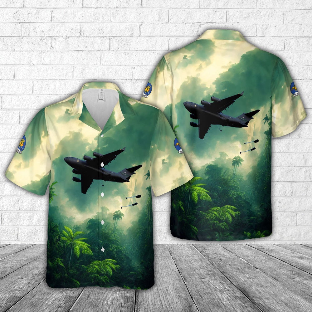 Air Force Hawaiian Shirt, US Air Force 8th Airlift Squadron Boeing C-17 Globemaster III drops paratroopers Hawaiian Shirt