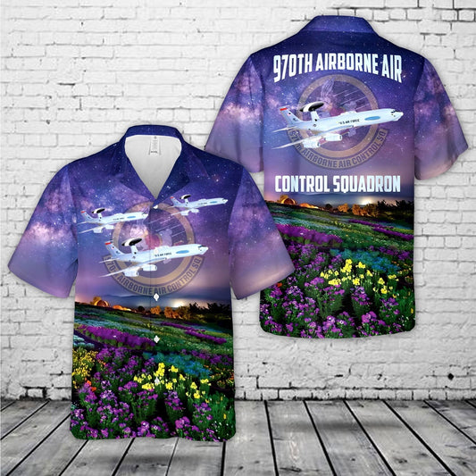 Air Force Hawaiian Shirt, US Air Force 970th Airborne Air Control Squadron E-3 Sentry Hawaiian Shirt, Airplane Hawaiian Shirt, Military Aloha Shirts
