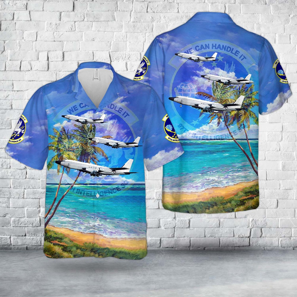Air Force Hawaiian Shirt, US Air Force 97th Intelligence Squadron Boeing RC-135V Rivet Joint Hawaiian Shirt, Airplane Hawaiian Shirt