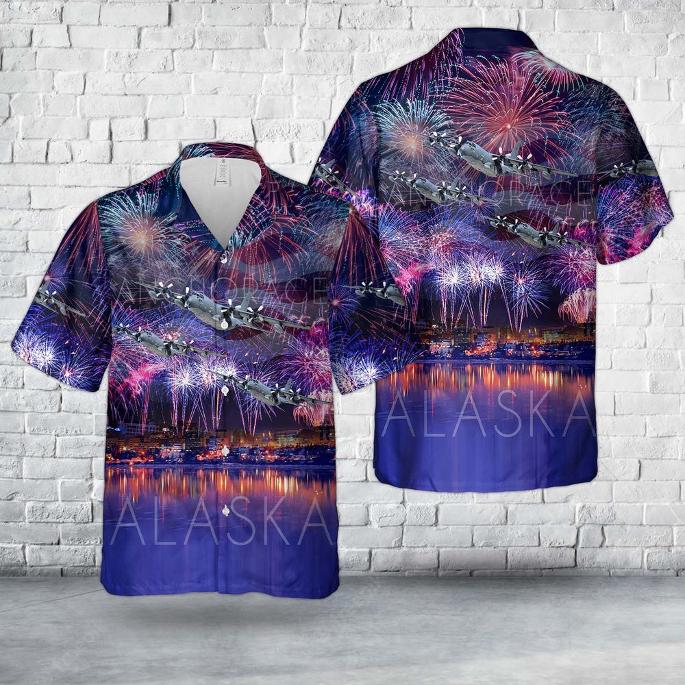 Air Force Hawaiian Shirt, US Air Force Alaska Air National Guard 211th Rescue Squadron (211th RQS) HC-130N Hercules, 4th Of July Hawaiian Shirt