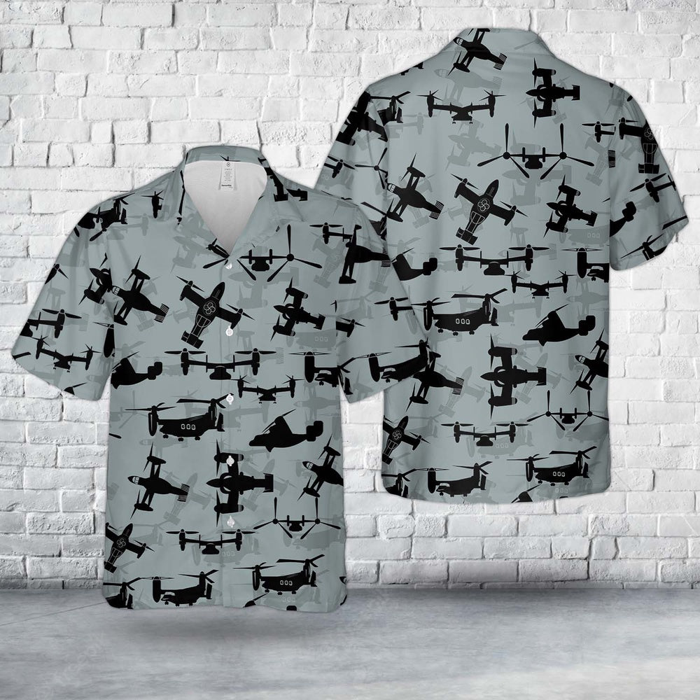Air Force Hawaiian Shirt, US Air Force Bell Boeing V-22 Osprey Silhouettes Hawaiian Shirt, Airplane Hawaiian Shirt, Military Aloha Shirts