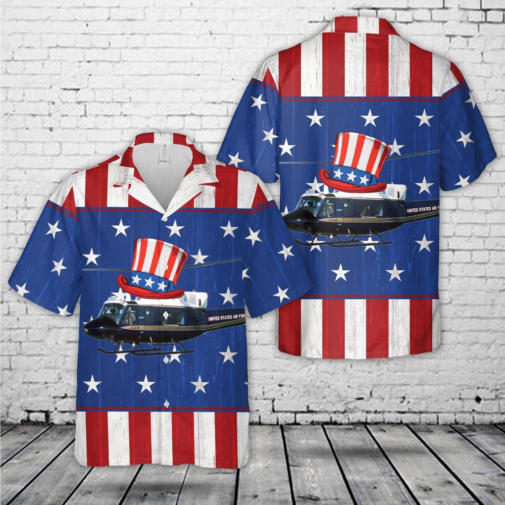 Air Force Hawaiian Shirt, US Air Force Bell UH-1N Twin Huey 1st Helicopter Squadron, 4th Of July Hawaiian Shirt, Airplane Hawaiian Shirt