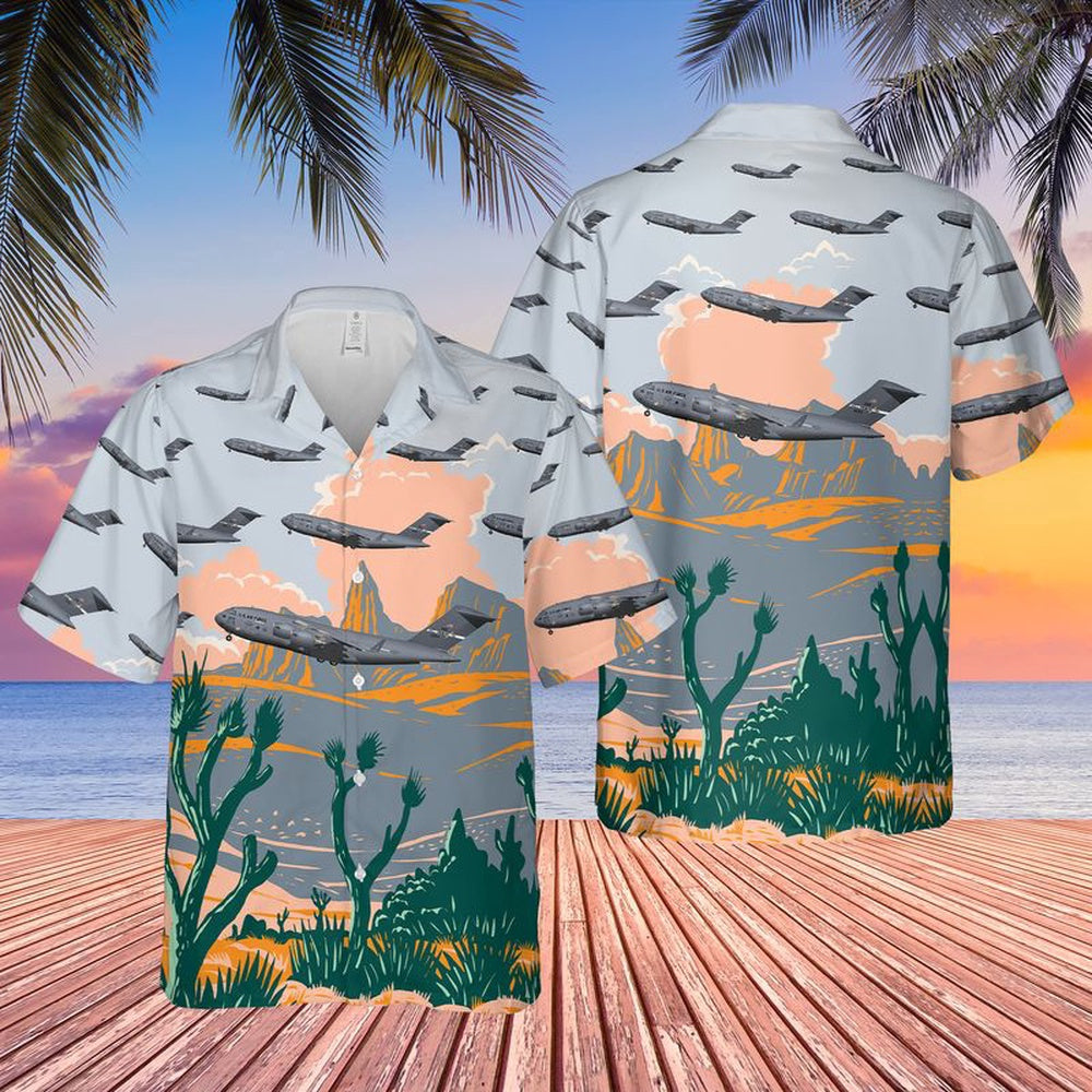 Air Force Hawaiian Shirt, US Air Force Boeing C-17A Globemaster Travis Spirit of Solano Hawaiian Shirt, Airplane Hawaiian Shirt, Military Aloha Shirts