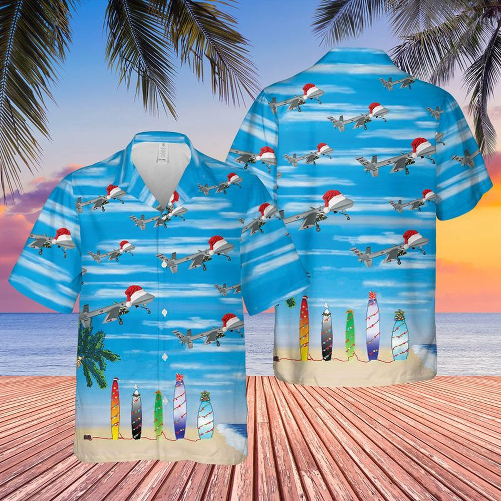 Air Force Hawaiian Shirt, US Air Force California Air National Guard 163d Attack Wing MQ-9 Reaper Christmas Hawaiian Shirt, Airplane Hawaiian Shirt