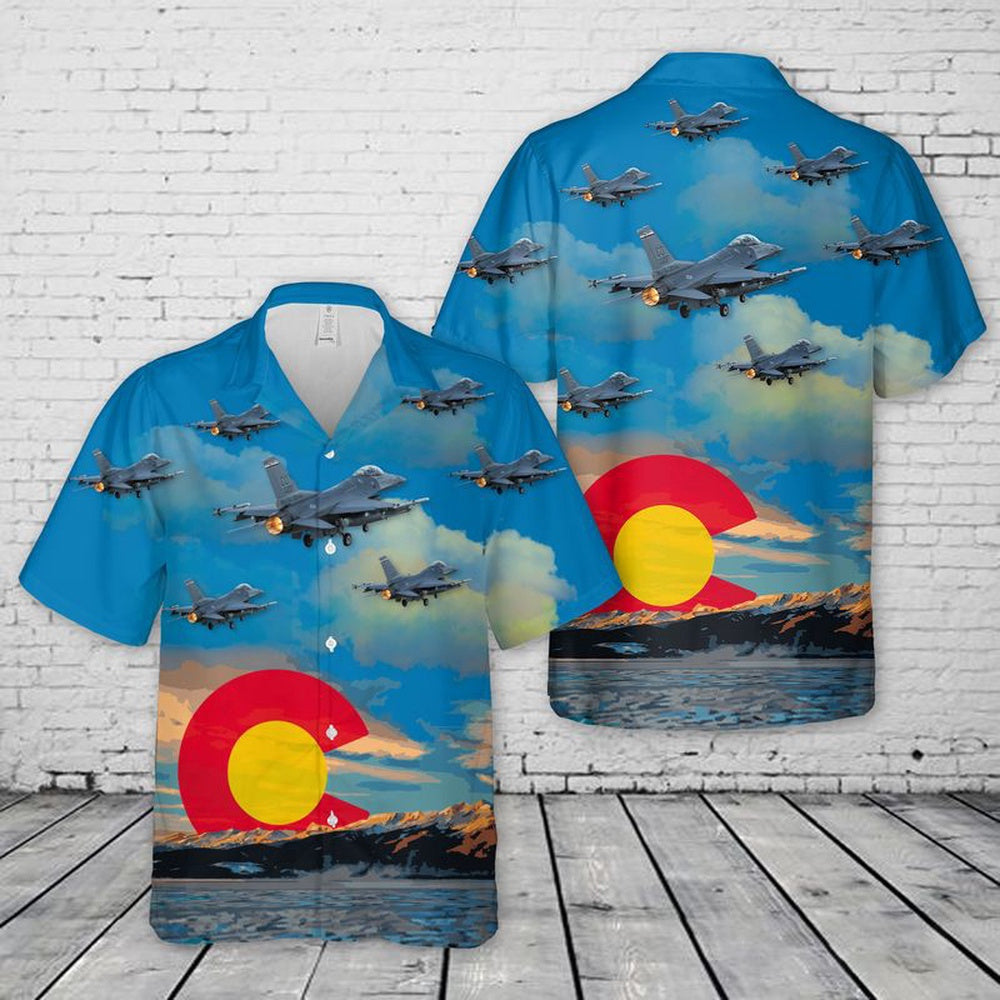 Air Force Hawaiian Shirt, US Air Force Colorado Air National Guard 140th Wing F-16 Falcon Hawaiian Shirt, Airplane Hawaiian Shirt