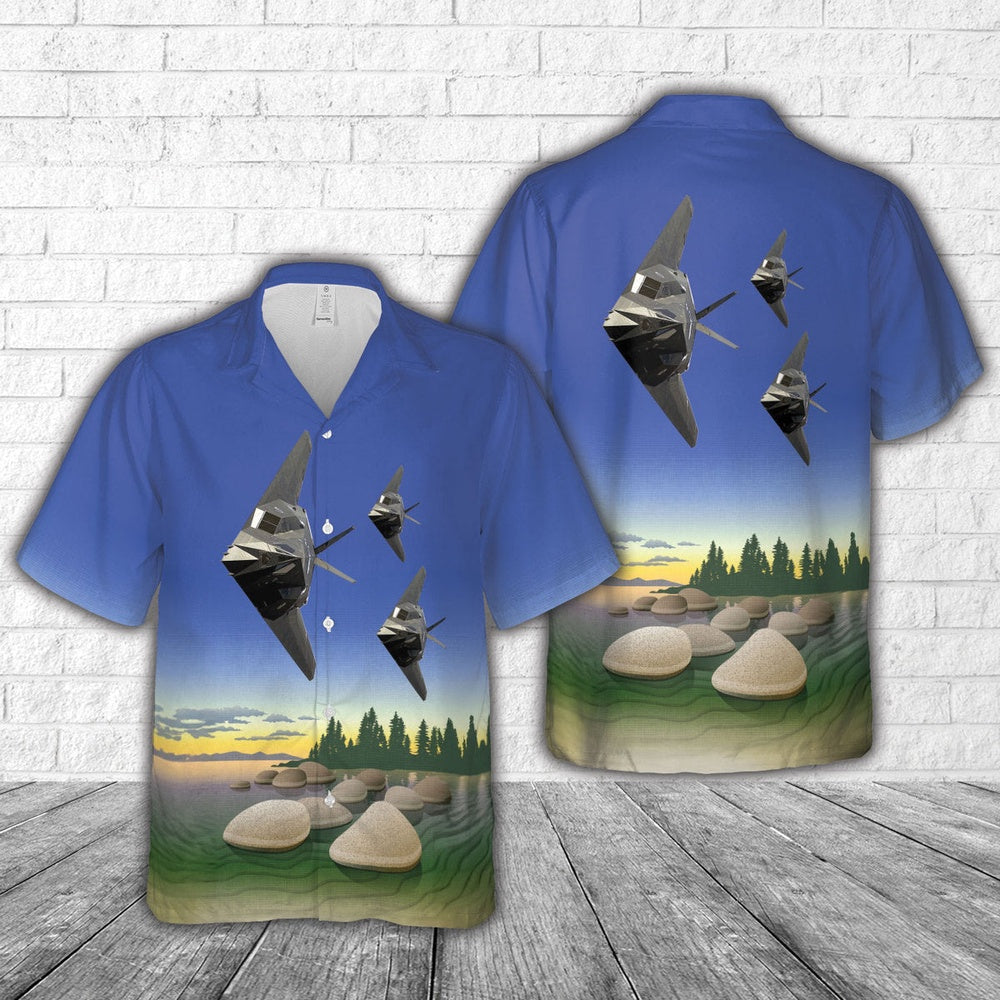 Air Force Hawaiian Shirt, US Air Force F-117A Nighthawk Stealth Fighter aircraft flies over Nevada Hawaiian Shirt, Airplane Hawaiian Shirt