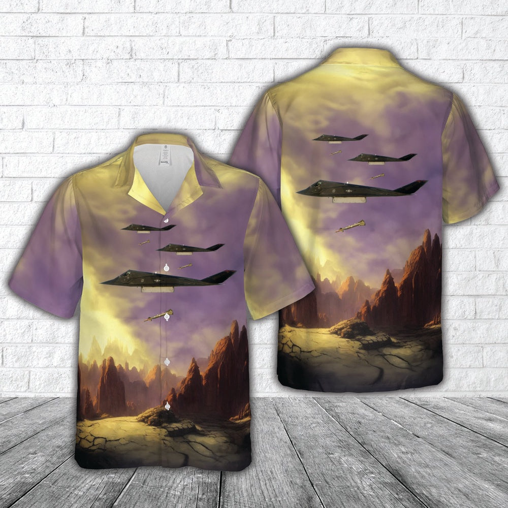 Air Force Hawaiian Shirt, US Air Force F-117 Nighthawk drops a GBU-27 Hawaiian Shirt, Airplane Hawaiian Shirt, Military Aloha Shirts