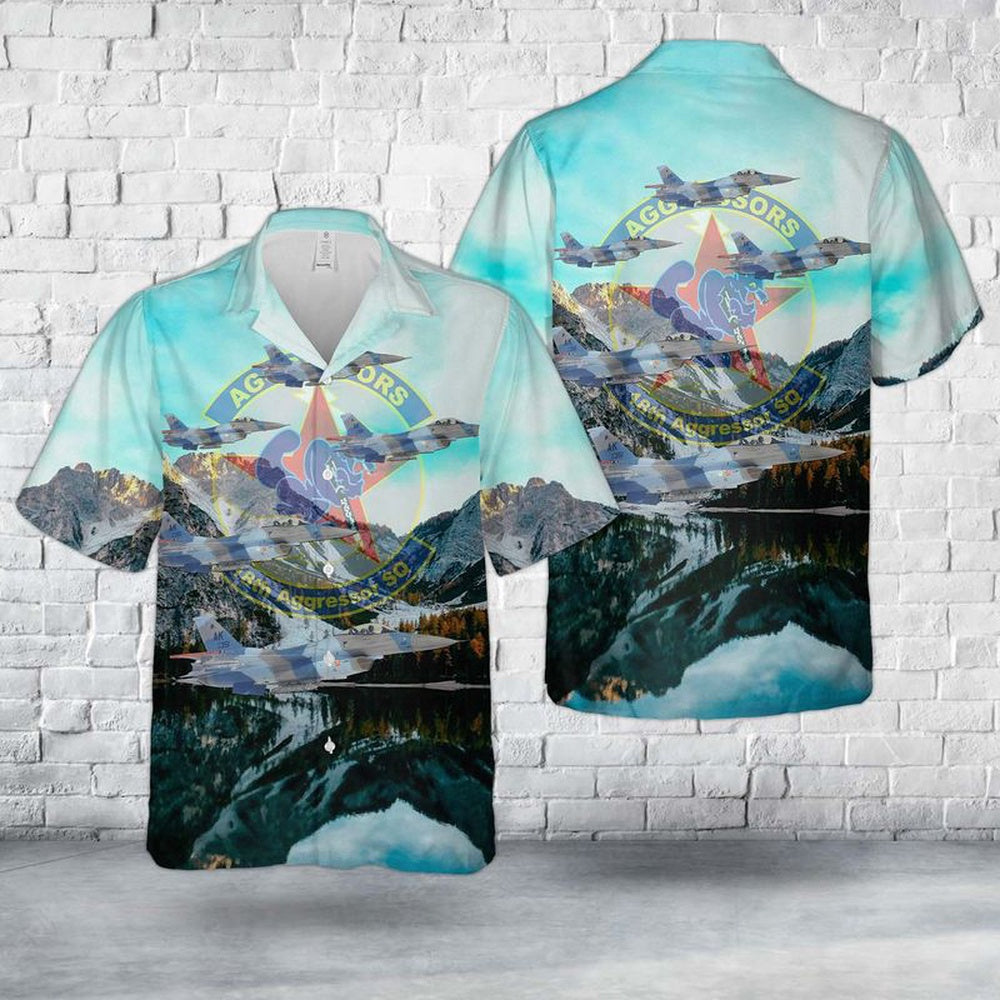Air Force Hawaiian Shirt, US Air Force F-16 Fighting Falcon Of 18th Aggressor Squadron Blue Foxes Hawaiian Shirt, Airplane Hawaiian Shirt