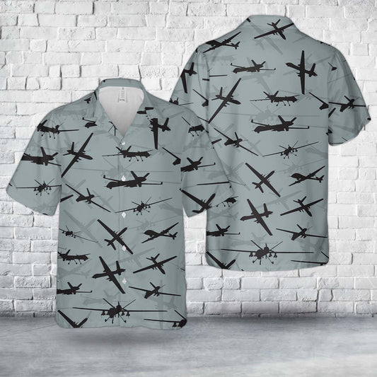 Air Force Hawaiian Shirt, US Air Force General Atomics MQ-9 Reaper Aircraft Silhouettes Hawaiian Shirt, Airplane Hawaiian Shirt, Military Aloha Shirts