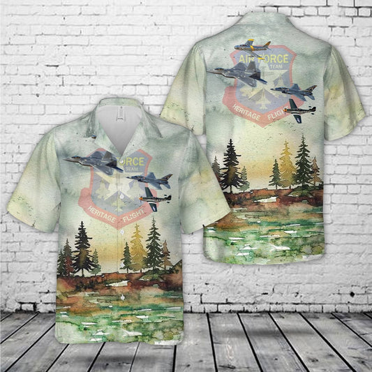 Air Force Hawaiian Shirt, US Air Force Heritage Flight P-51 F-22 F-35 F-16 A-10 Demo Team Hawaiian Shirt, Airplane Hawaiian Shirt