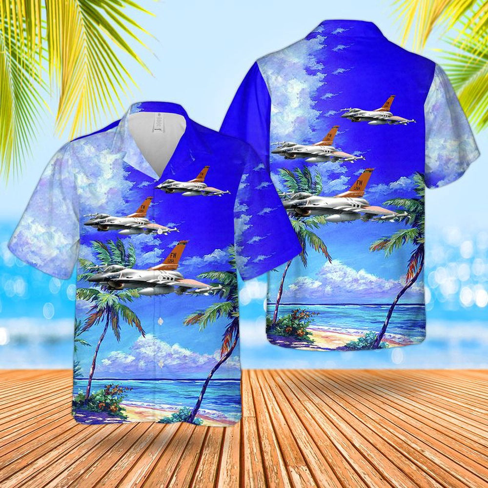 Air Force Hawaiian Shirt, US Air Force Indiana Air National Guard 122nd Fighter Wing F-16C block 25 Hawaiian Shirt, Airplane Hawaiian Shirt