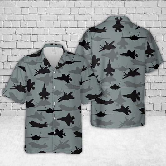 Air Force Hawaiian Shirt, US Air Force Lockheed Martin F-35 Lightning II Aircraft Silhouettes Hawaiian Shirt, Airplane Hawaiian Shirt