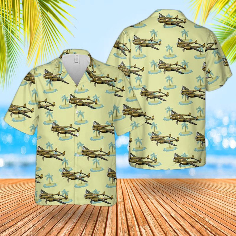 Air Force Hawaiian Shirt, US Air Force Lockheed P-38F Lightning Glacier Girl Hawaiian Shirt, Airplane Hawaiian Shirt, Military Aloha Shirts