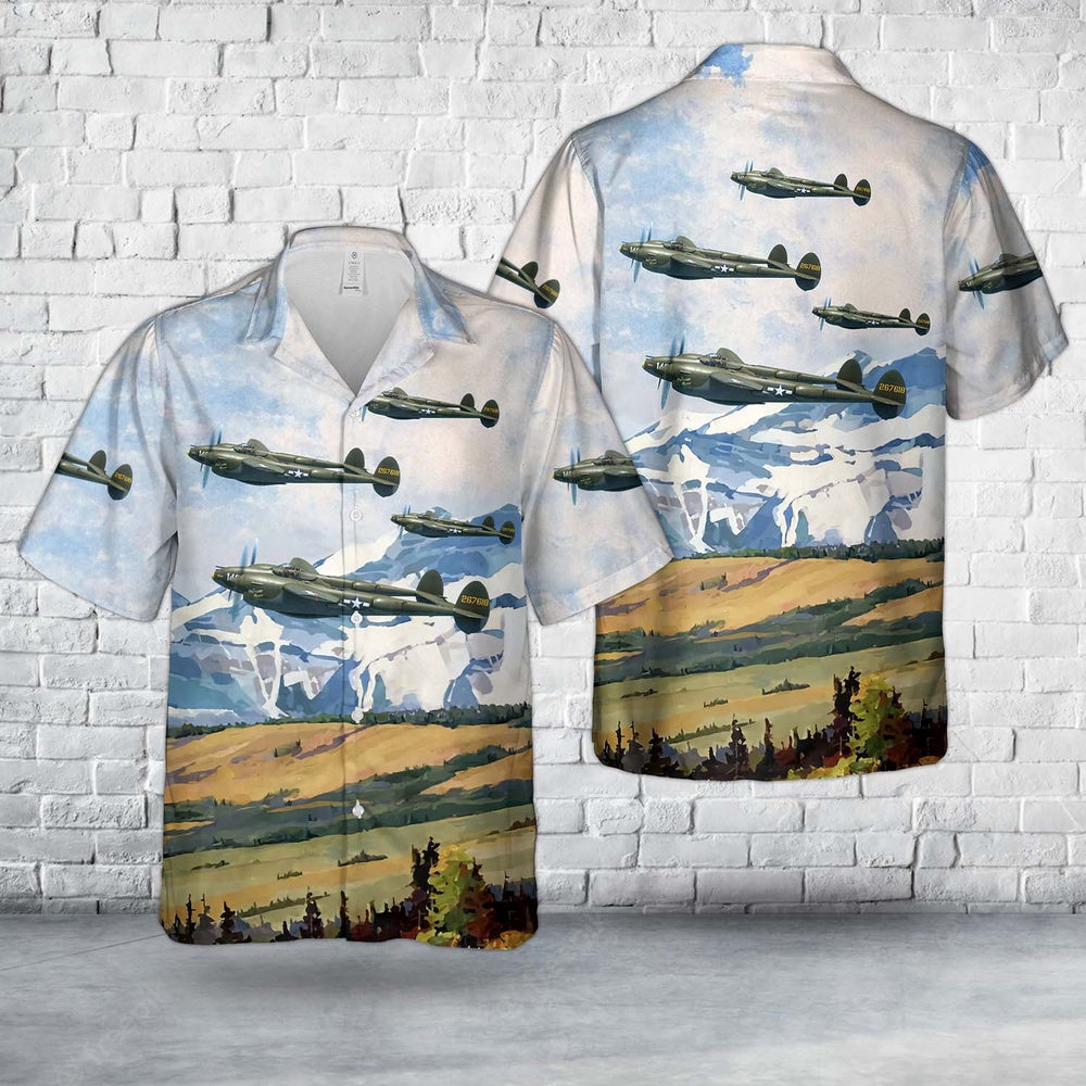 Air Force Hawaiian Shirt, US Air Force Lockheed P-38 Lightning Hollywood Hepcat Hawaiian Shirt, Airplane Hawaiian Shirt, Military Aloha Shirts