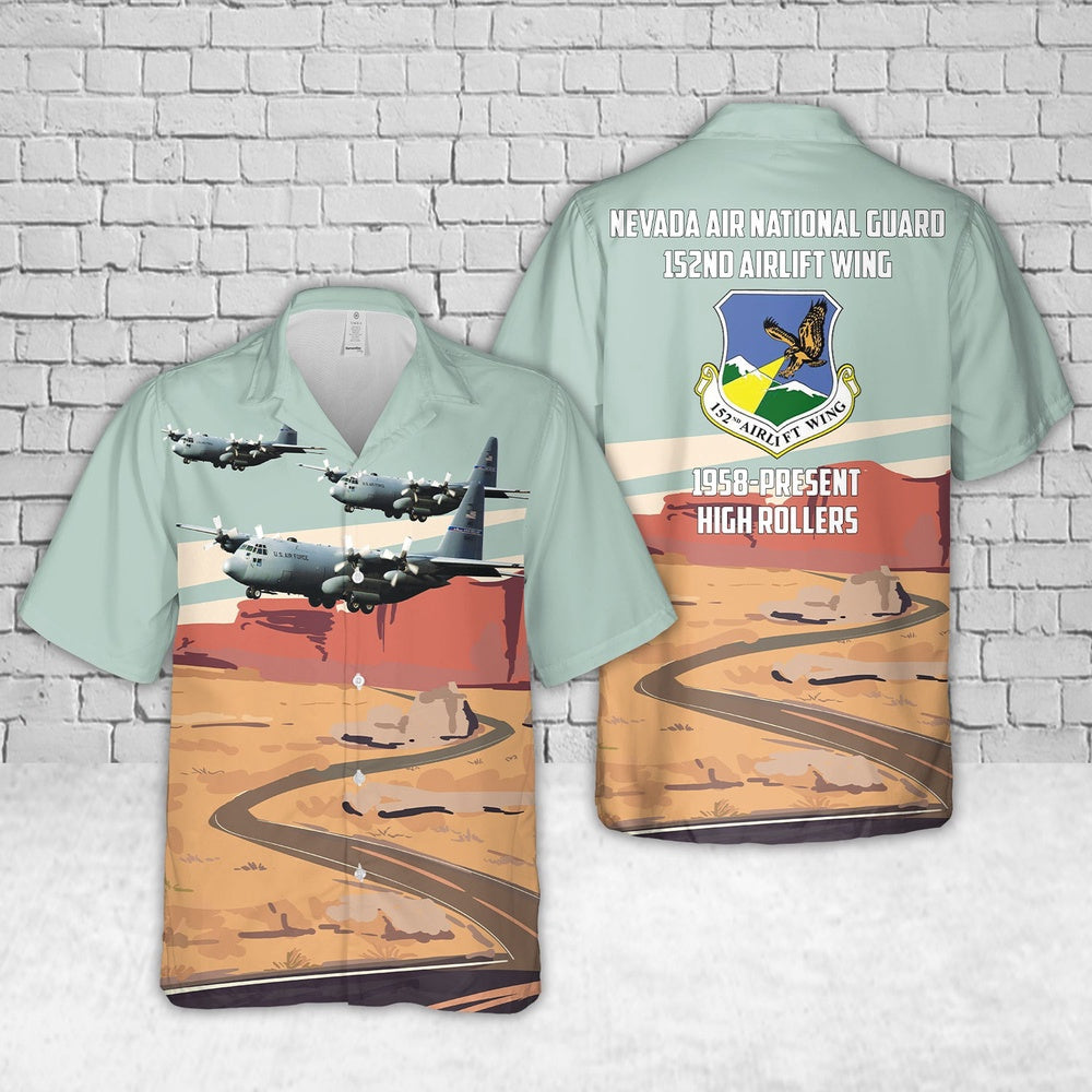 Air Force Hawaiian Shirt, US Air Force Nevada Air National Guard 152nd Airlift Wing C-130 High Rollers Hawaiian Shirt, Airplane Hawaiian Shirt