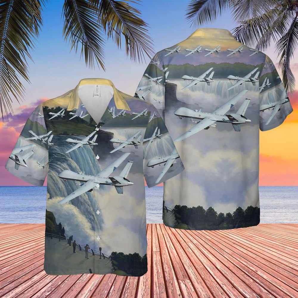 Air Force Hawaiian Shirt, US Air Force New York Air National Guard 107th Attack Wing MQ-9 Reaper Hawaiian Shirt, Airplane Hawaiian Shirt