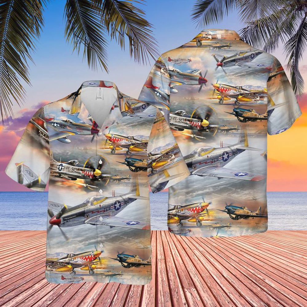 Air Force Hawaiian Shirt, US Air Force North American P-51 Mustang Hawaiian Shirt, Airplane Hawaiian Shirt, Military Aloha Shirts