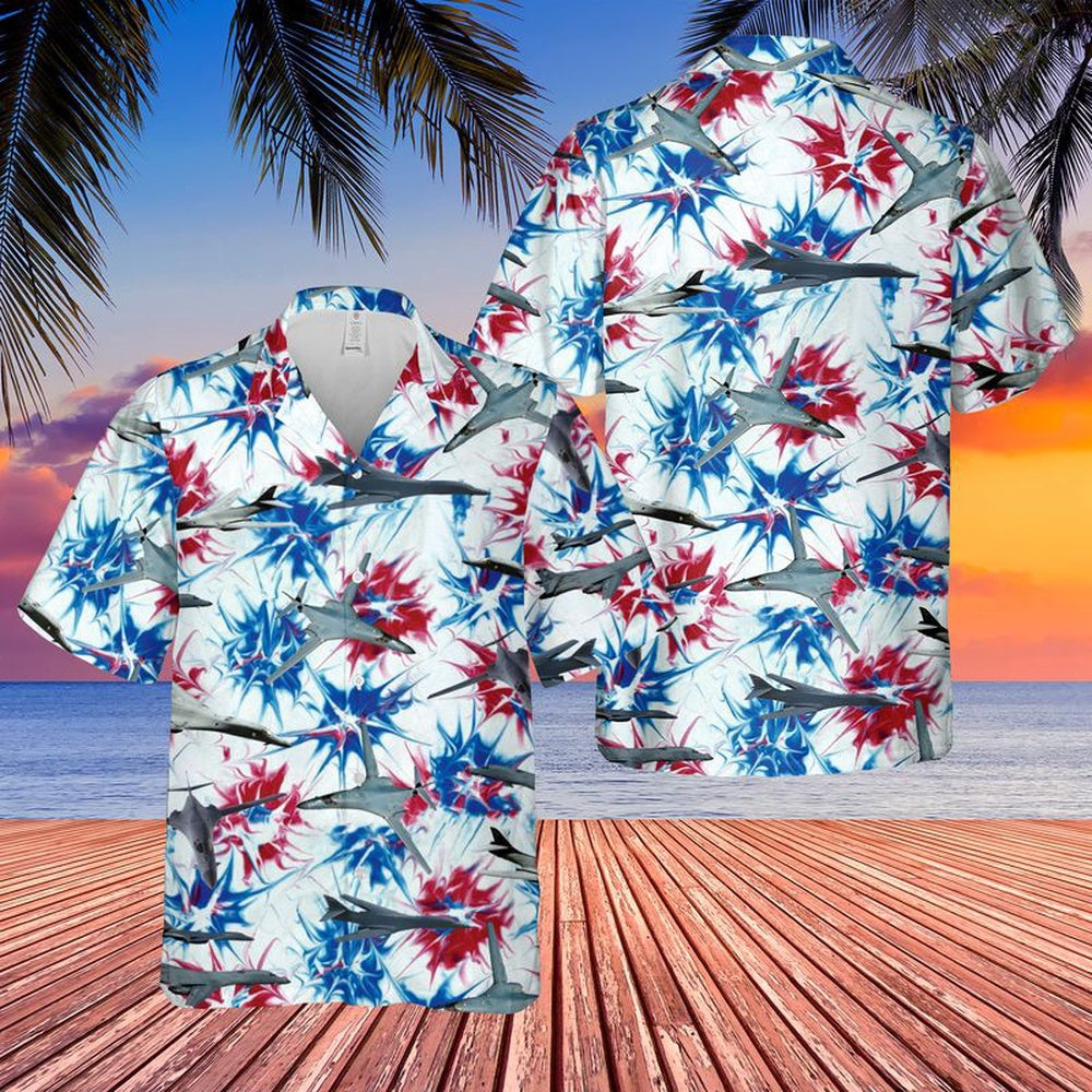 Air Force Hawaiian Shirt, US Air Force Rockwell B-1 Lancer Red White &amp Blue Tie dye Hawaiian Shirt, Airplane Hawaiian Shirt, Military Aloha Shirts