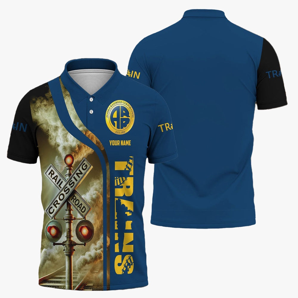 Alaska Railroad Polo Shirt, Crossing Railroad Sign American Locomotive Train Polo Shirt