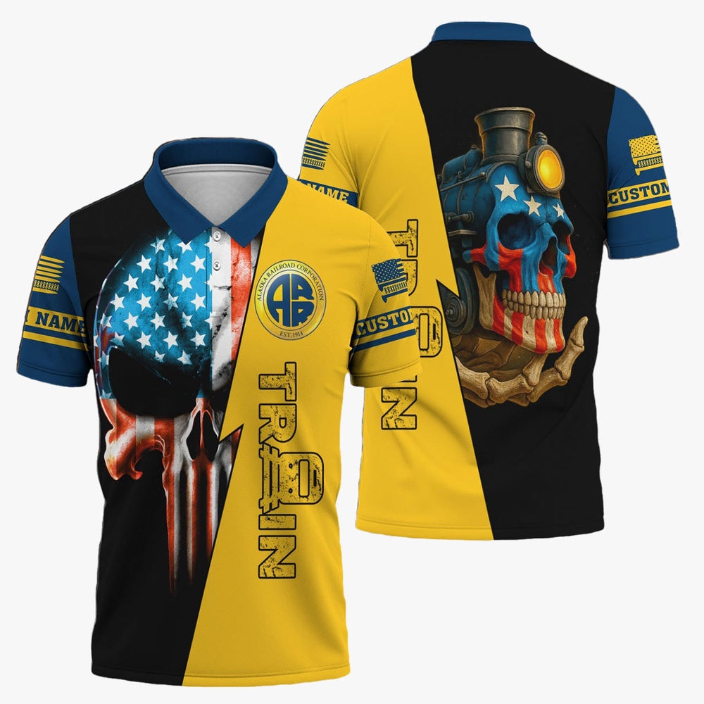 Alaska Railroad Polo Shirt, Train Skull American Flag Polo Shirt