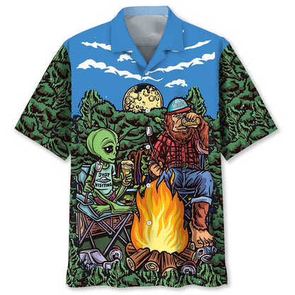 Alien Bigfoot Campfire Night Hawaiian Shirt, Funny Hawaiian Shirt, Cool Hawaiian Shirts, Best Hawaiian Shirts