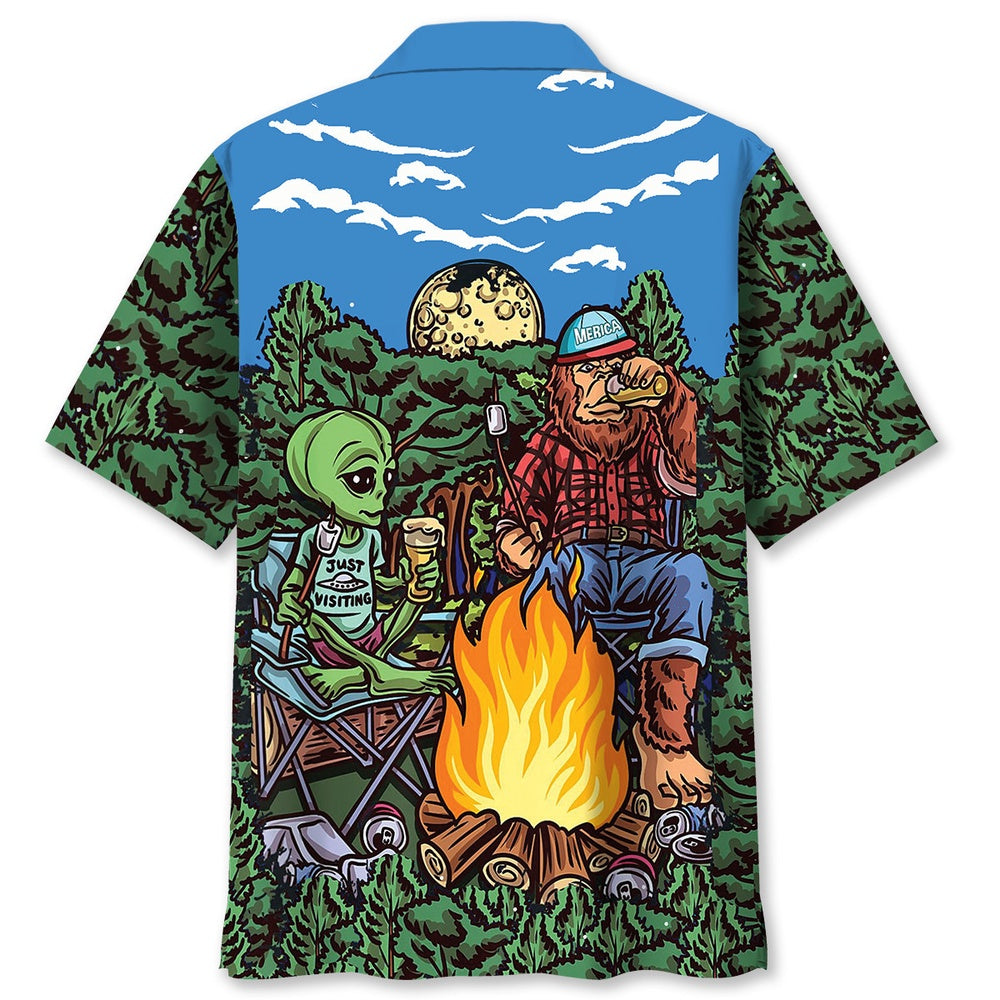 Alien Bigfoot Campfire Night Hawaiian Shirt, Funny Hawaiian Shirt, Cool Hawaiian Shirts, Best Hawaiian Shirts
