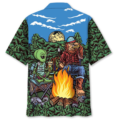 Alien Bigfoot Campfire Night Hawaiian Shirt, Funny Hawaiian Shirt, Cool Hawaiian Shirts, Best Hawaiian Shirts