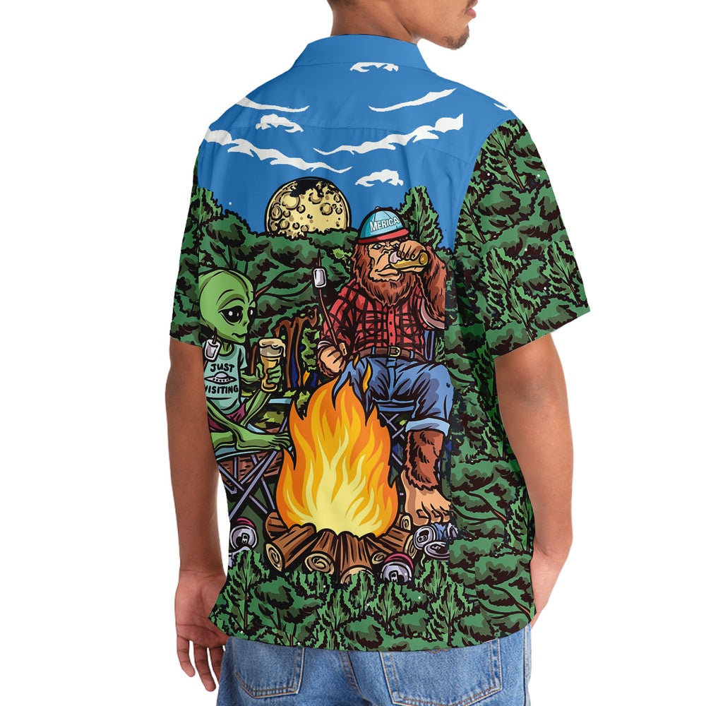 Alien Bigfoot Campfire Night Hawaiian Shirt, Funny Hawaiian Shirt, Cool Hawaiian Shirts, Best Hawaiian Shirts