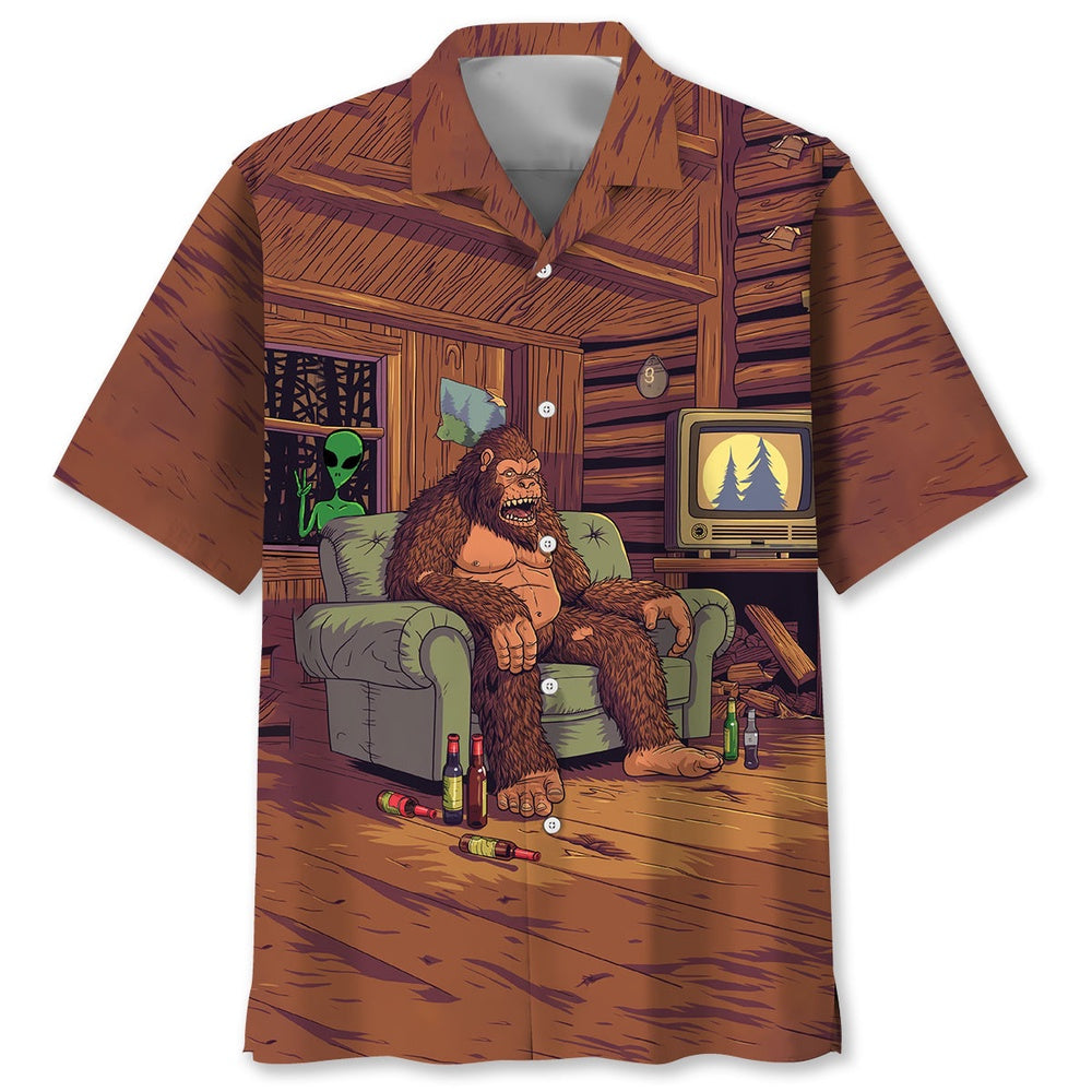Alien Stalk Bigfoot House Hawaiian Shirt, Funny Hawaiian Shirt, Cool Hawaiian Shirts, Best Hawaiian Shirts