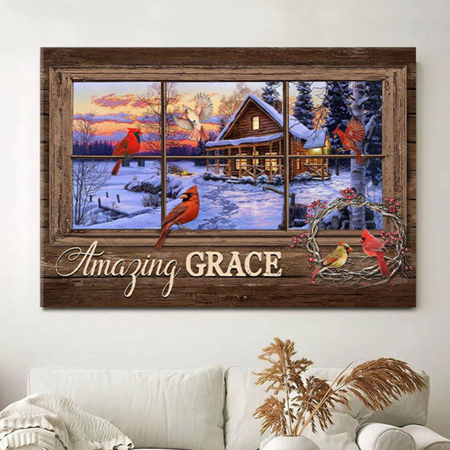 Amazing Grace Canvas Wall Art - Cardinal Birds - Christian Christmas Wall Decor - Christian Wall Decor