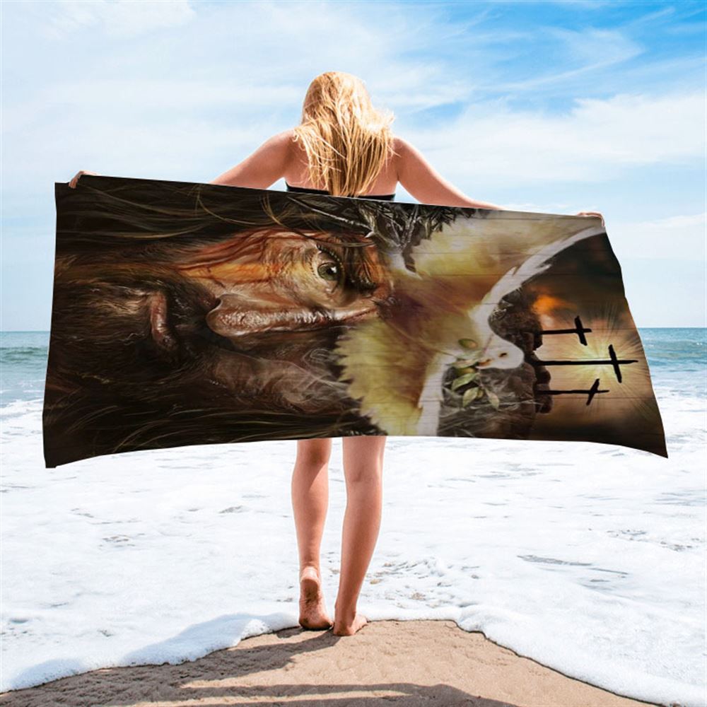 Amazing Dove With Olive Branch, Three Wooden Crosses, Beautiful Jesus Painting Beach Towel, Christian Beach Towel, Christian Gift, Gift For Women