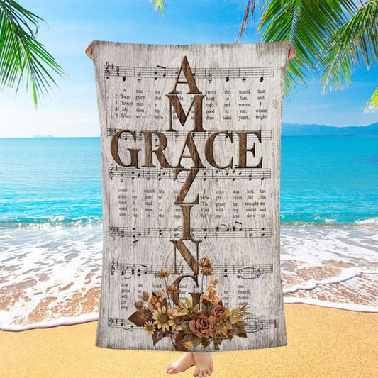 Amazing Grace Song Vintage Flower Jesus Cross Beach Towel, Christian Beach Towel, Christian Gift, Gift For Women