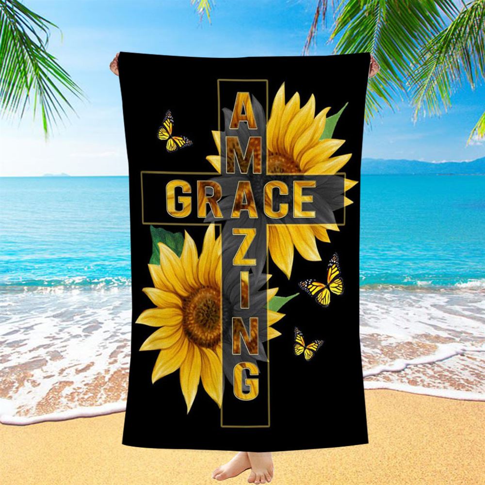 Amazing Grace Sunflower Beach Towel - Bible Verse Beach Towel - Scripture Beach Towel