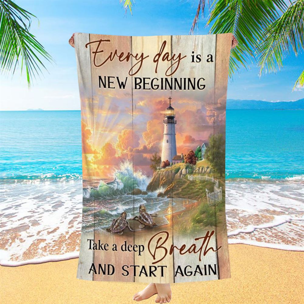 Amazing Sunset, Lighthouse, Every Day Is New Beginning Beach Towel, Christian Beach Towel, Christian Gift, Gift For Women
